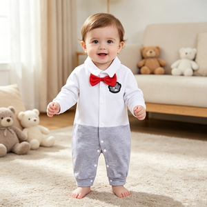 Tutina in Cotone a Maniche Lunghe per Neonato con Papillon Rosso, Stile Gentiluomo, Abbigliamento Formale per Neonati, Vestito per Compleanno - Product Image 1