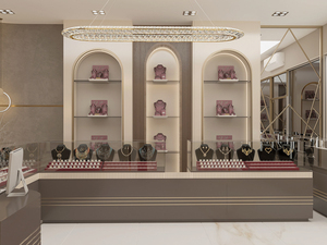 ที่กำหนดเองทันสมัยเครื่องประดับหรูหราร้านค้าการออกแบบตกแต่งภายในเคาน์เตอร์ทองพร้อมกระจกนิรภัยไฟ LED เครื่องประดับโชว์รูม - Product Image 2