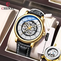 Montre mécanique squelette de luxe pour homme avec aiguilles lumineuses, bracelet en cuir véritable, style professionnel haut de gamme, montre automatique