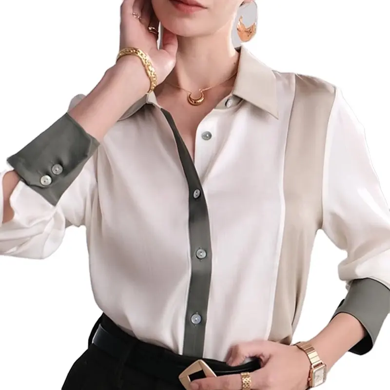 Fashion Tri-color Splice Female Elegant Mulberry Silk Top Long Sleeve Blouse Ladies Office Blouses Women's Blouses Shirts