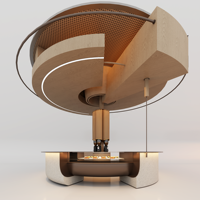 Kiosque à café circulaire avec base en terrazzo, plateau en MDF perforé, auvent en bois, dessus en verre, éclairage LED, design écologique pour centre commercial