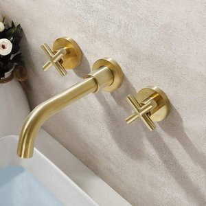 <span class=keywords><strong>Rubinetto</strong></span> <span class=keywords><strong>Miscelatore</strong></span> per Lavabo <span class=keywords><strong>a</strong></span> Doppia Maniglia Incrociata in Ottone Spazzolato Dorato, Montaggio <span class=keywords><strong>a</strong></span> Parete per Bagno - Product Image 2