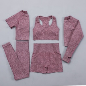 Conjunto Deportivo de 5 Piezas para <span class=keywords><strong>Mujer</strong></span>, Ropa Deportiva sin Costuras para <span class=keywords><strong>Yoga</strong></span>, Gimnasio, Top Corto de Manga Larga, Leggings de Cintura Alta - Product Image 6