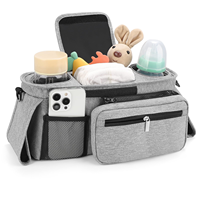 Extra große Kinderwagen-Organizer-Tasche mit abnehmbarer Reißverschlusstasche und 2 isolierten Getränkehaltern