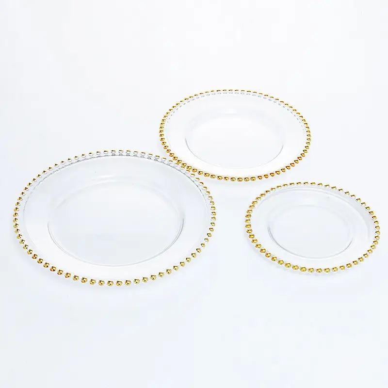 2022 Tabletex European style creative golden beaded clear glass plate for dinner, party, wedding and table decoration.
