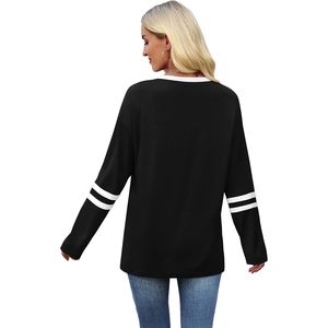 FOXA Women's Long Sleeve Shirt Black Contrast Color Casual Top Everyday Wear 100% Cotton Knitted Elastic Fit - Product Image 4