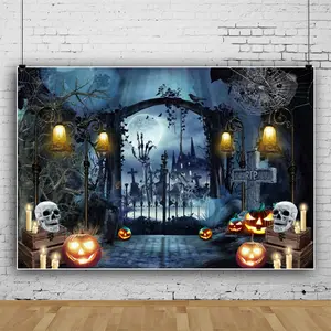Halloween Backdrop Castle Bat Pumpkin Photography Backdrop for Party Decorations Supplies Photo Background Banner