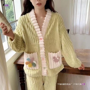 ชุดนอนฤดูหนาวสำหรับเด็กผู้หญิงแขนยาวผ้าฟลีซหนาสำหรับสวมใส่ในบ้านสำหรับหญิงสาวสีชมพูสีเขียว - Product Image 4
