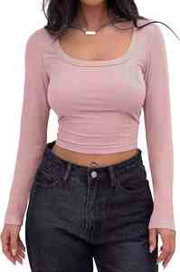 I-0703 Nouveau T-shirt pour femme à col rond, coupe ajustée, manches courtes, en polyester tissé avec rayures côtelées, style européen et américain - Product Image 2