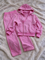 Ensemble de survêtement femme 380 GSM 100 % coton délavé à l'acide, avec sweat à capuche zippé orné de perles et pantalon évasé, personnalisé, effet vintage