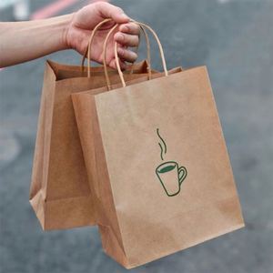 Restaurant Cafe Custom Logo Offset Printed Food Takeaway Grocery Shopping Packaging Brown Recycled Kraft Paper Hand Length <b>Bag</b> - Product Image 1
