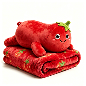 Customized Soft Fluffy Red Plush <b>Blanket</b> with Tomato Pattern Attached to Plush <b>Doll</b> - Product Image 2
