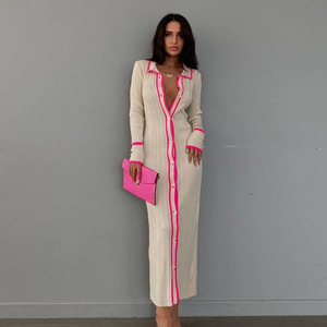 Otoño Invierno Vestido largo <span class=keywords><strong>de</strong></span> punto Mujeres Turn-Down Collar Manga larga <span class=keywords><strong>de</strong></span> punto Bodycon Maxi vestidos con botones - Product Image 3