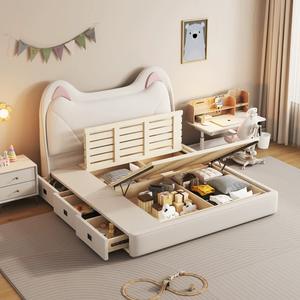 เตียงไม้จริง1.5เมตรแบบทันสมัยพร้อมหูแมวสีครีมเฟอร์นิเจอร์ห้องนอนสไตล์เจ้าหญิงสำหรับเด็กผู้หญิงสำหรับห้องนั่งเล่นทั้งห้องนอน - Product Image 3