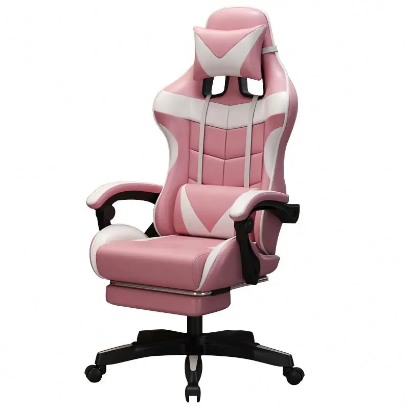 ピンクの革のオフィスチェアガールワークプレイビデオゲームゲームチェア白ピンクのリクライニングチェアとレッグレスト付きロッカータスクチェア