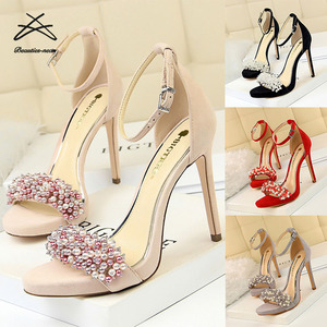 Sandales à talons très hauts pour femmes, en daim imperméable, avec plateforme, perles et strass - Product Image 2