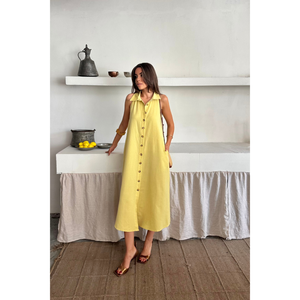 Robe en lin sans manches à col chemise, jaune, décontractée, longueur midi, taille S - Product Image 3