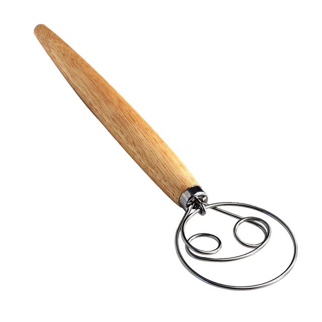 Pastry Stainless Steel Double Circle Dough Danish Dutch Bread Mixer Wooden Handle Powder Blender Dough Whisk