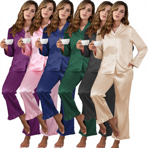 Vente chaude Automne Ensemble de pyjama pour femmes en satin de soie long et large avec bande élastique <span class=keywords><strong>Grande</strong></span> <span class=keywords><strong>taille</strong></span> Vêtements de maison - Product Image 1