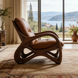 Poltrona in Legno Curvato con Rivestimento in Pelle Marrone, Sedia Lounge per Arredamento Casa - Product Image 4
