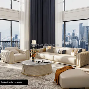 European Style Modern Simple Luxury High Grade Living Room Sofa Set Full Leather Button Tufted 1+2+3 Sofas Home Furniture