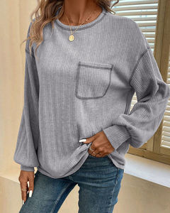 T-shirts à manches longues pour femmes, col rond, couleur unie, respirants, fabriqués directement en usine, mode automne-hiver, hauts décontractés avec poche - Product Image 1