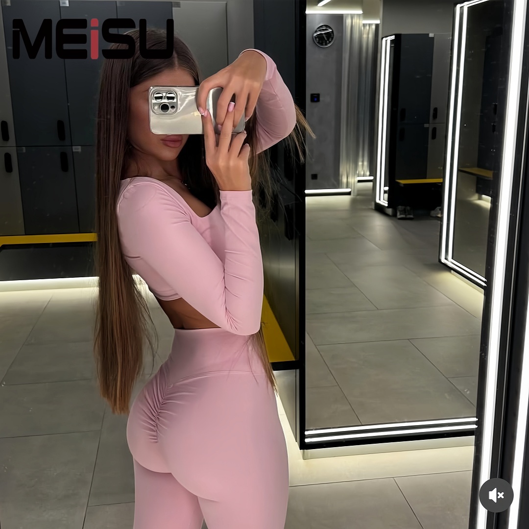 Women Simple Sexy Long Sleeve Crop Top Sportswear High Waist Hip Gather Design Yoga Leggings Yoga Fitness Set