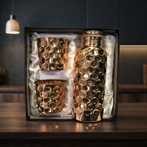 Hammered Copper Water Bottle Set With 2 Glasses Gift Box Leakproof Metal <b>Drinkware</b> for Travel Gifting - Indian Home Crafts - Product Image 1