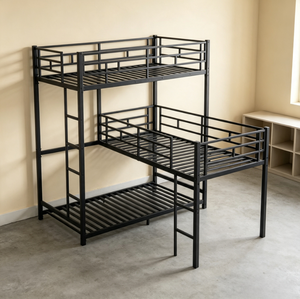 Gewerbliches Metall-Dreifach-Etagenbettgestell, Hochbelastbares Stahlbettgestell, Industrielles L-förmiges Bett, Stützmöbel für Hostels - Product Image 1