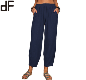 Loose Cotton Linen Casual <strong>Pants</strong> Elastic Waist Home Wear <strong>Harem</strong> <strong>Pants</strong> Women Trousers 2022 Hot Selling Solid Color Woven - Product Image 2