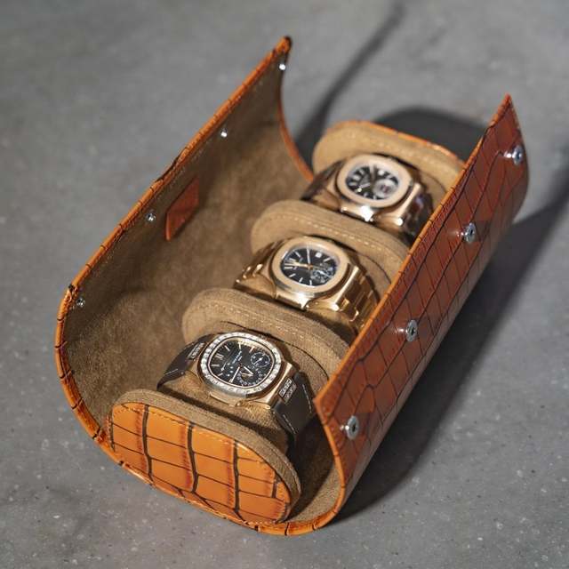 High Quality Crocodile Pattern Leather Watch Roll Travel Case Box Genuine Leather Watch Case for 3 Watches
