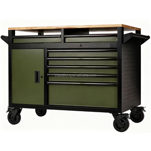 Établi en métal avec coffre à outils à 7 tiroirs avec revêtement en poudre supérieur en bois avec serrure à clé verrouillable et roues - Product Image 2