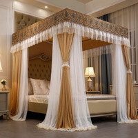 Moustiquaire de lit à trois portes, double couche, épaissie, de couleur rouge foncé, style palais royal luxueux rose romantique, avec rideau occultant au sol