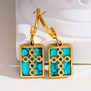 Vintage fashion turquoise earrings for women fashion 18K gold titanium steel geometric square blue turquoise earrings for women