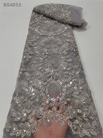 Tissu en dentelle africaine française brodé de fleurs, en maille élastique 100 % polyester, orné de perles et de paillettes colorées, pour robes de mariée et de soirée
