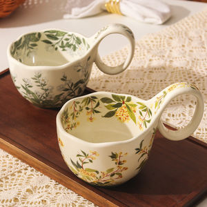 Tazza in ceramica Vintage in broccato floreale con manico a cucchiaio 10 once ciotola di farina d'avena per la colazione a casa lavabile in lavastoviglie per il tè del pomeriggio - Product Image 4