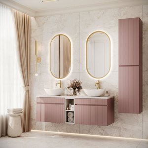 Juego de Baño Doble con <span class=keywords><strong>Lavabo</strong></span> y Mueble Alto, Color <span class=keywords><strong>Rosa</strong></span> Pálido, con Detalles Dorados, <span class=keywords><strong>Lavabo</strong></span> en Forma de Concha, Montado en la Pared, Venta al Por Mayor - Product Image 1