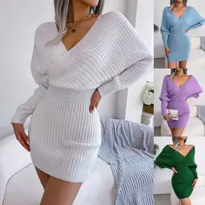 Grosir pakaian wanita gaya Korea gaun lengan puff pakaian wanita kasual gaun sweater rajutan musim gugur musim dingin vestidos cort