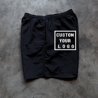 Shorts en nylon noir froissé à séchage rapide avec cordon de serrage, imprimé logo personnalisé, pour la natation, la course, la gym, vêtements de sport, coupe ample pour hommes