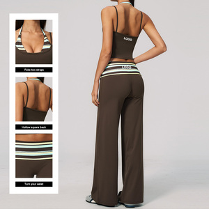 TZ4549-5 <strong>Women</strong> Yoga Sets with Striped Halter <strong>Tank</strong> <strong>Top</strong> and High Waist Fold Over Waistband Wide Leg Leggings for Pilates Running - Product Image 2