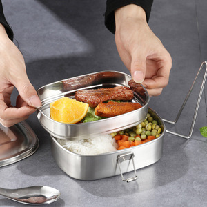 Stainless Steel Double Layer Lunch <b>Box</b> Rectangle 304 Food <b>Storage</b> For Work And Canteen With <b>Lid</b> - Product Image 1