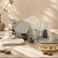Service de table en céramique heptagonal multicolore, assiettes, bols et tasses en grès géométriques à bords bruts pour café, restaurant, maison, personnalisable