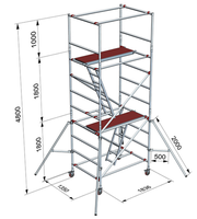Échafaudage en aluminium à montage rapide avec échelle inclinée, roulettes, étais triangulaires, panneau de garde-corps et cadre léger