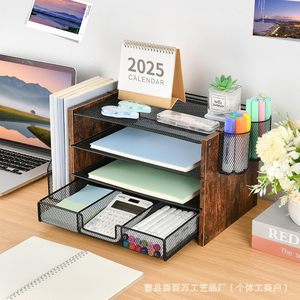 Iron And Wood <b>Storage</b> Rack 4 Tier <b>File</b> Organizer With Pen Holder Desktop Multi Layer Shelf Office Organizer - Product Image 3