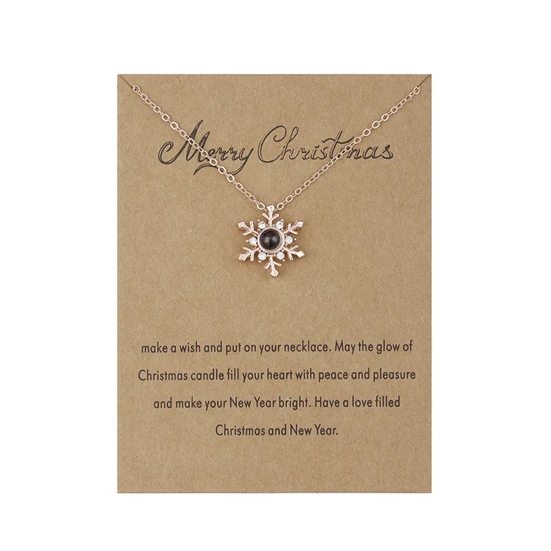 Noel hediyesi 100 dil seni seviyorum kristal Rhinestone kar tanesi boynuz Charm kolye bir dilek kartı projeksiyon kolye