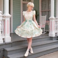 Robe Lolita pour adulte de style pastoral vert, tenue quotidienne d'été avec manches volantées et joli nœud