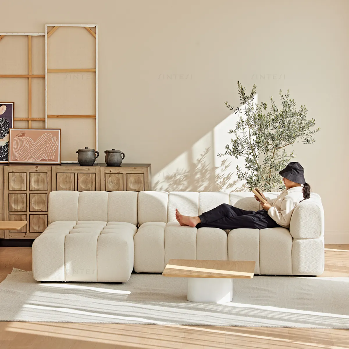 Sofá secional em forma de L modular branco confortável para hotel e apartamento de designer nórdico francês