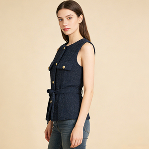 Gilet Senza Maniche in <span class=keywords><strong>Tweed</strong></span> Blu Navy da Donna - Design con Cintura e Bottoni Dorati - Elegante Gilet Strutturato per Ufficio/Casual - Product Image 4