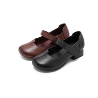 Chaussures décontractées élégantes pour femmes en cuir souple noir de luxe à talon carré avec bride auto-agrippante pour le quotidien – Vente en gros