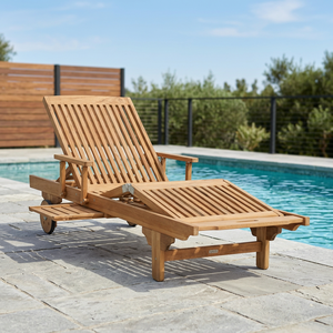 Chaise longue de piscine d'extérieur en teck, réglable, confortable, durable, écologique, moderne et luxueuse, avec pieds cabriole portables - Product Image 2